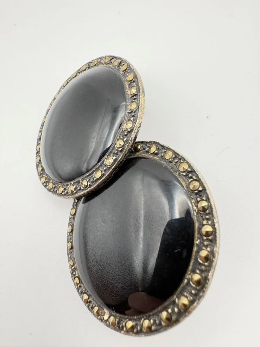 Vintage 925 Sterling Silver Black Onyx Onyx Marcasite Round Clip On Earrings